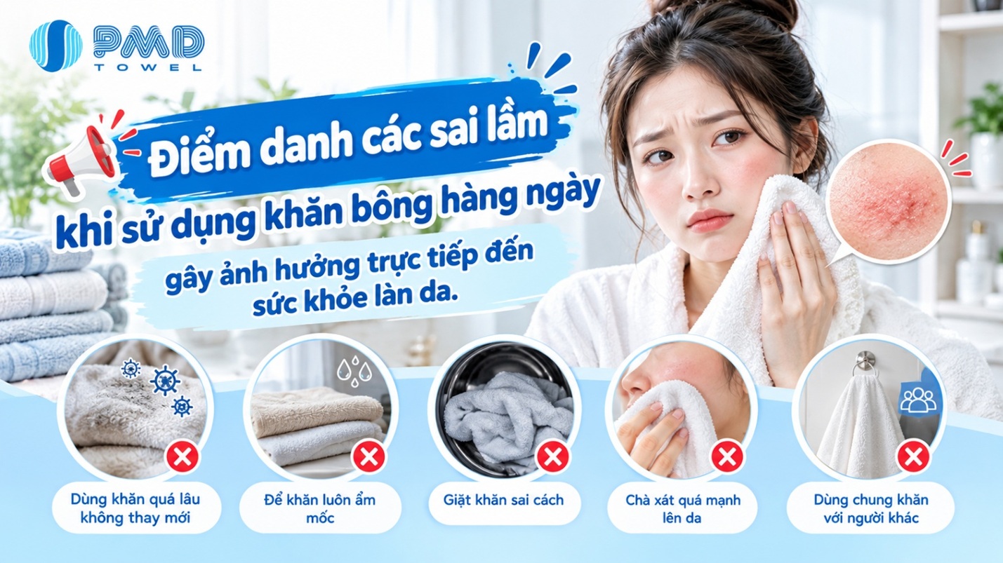 Điểm danh các sai lầm khi sử dụng khăn bông hàng ngày gây ảnh hưởng trực tiếp đến sức khỏe làn da.