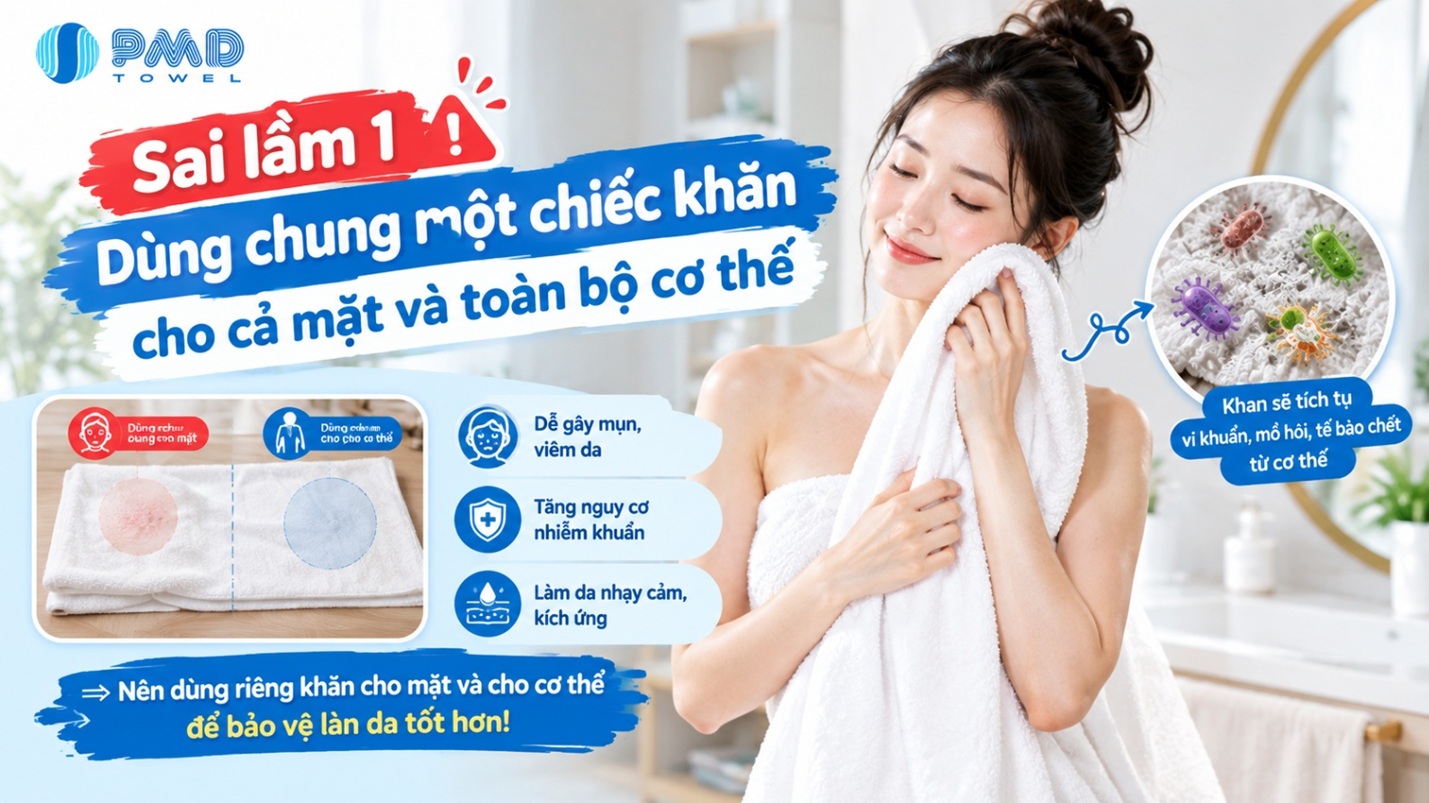 Sai lầm 1: Dùng chung một chiếc khăn cho cả mặt và toàn bộ cơ thể