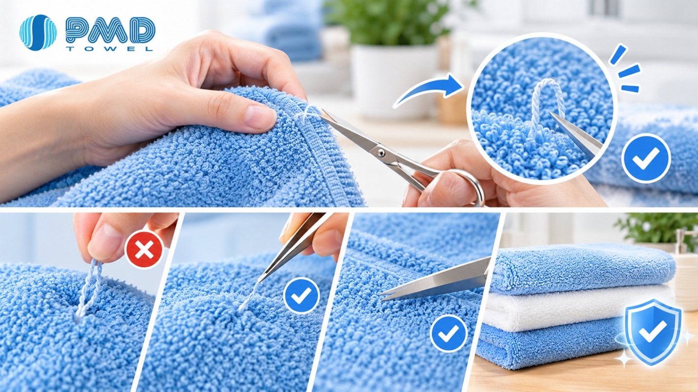Hướng dẫn kỹ thuật cắt tỉa và xử lý khăn bông bị rút sợi an toàn, bảo vệ độ bền cấu trúc dệt.