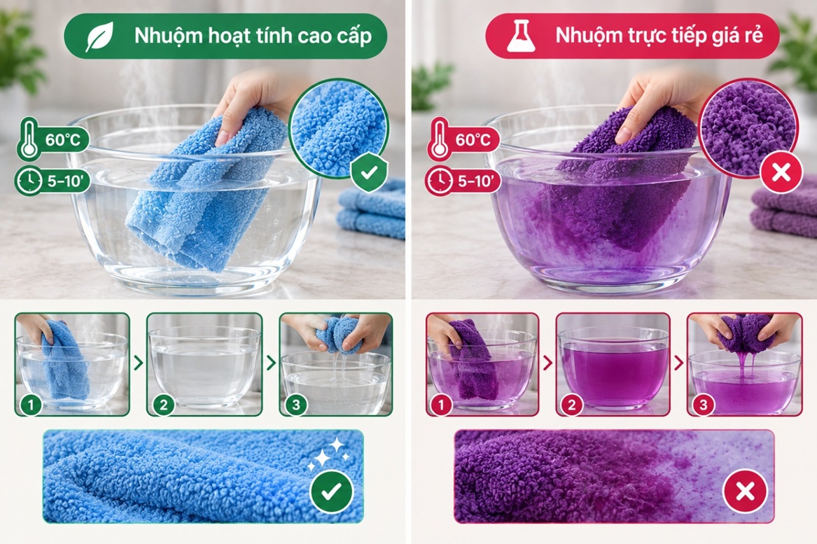 Thử nghiệm độ phai màu trong nước nóng Nhúng một góc khăn màu vào bát nước nóng khoảng 60°C trong vòng 5–10 phút rồi dùng tay vò mạnh. Khăn nhuộm hoạt tính cao cấp (Reactive Dyeing): Nước trong bát hoàn toàn trong suốt, không xuất hiện váng màu, sợi khăn giữ nguyên độ tươi sáng bóng khỏe. Khăn nhuộm màu trực tiếp rẻ tiền (Direct Dyeing): Nước lập tức biến đổi sang màu của khăn (xanh, tím, nâu...), chứng tỏ liên kết hóa học giữa màu nhuộm và sợi bông rất yếu, dễ hòa tan vào nước.