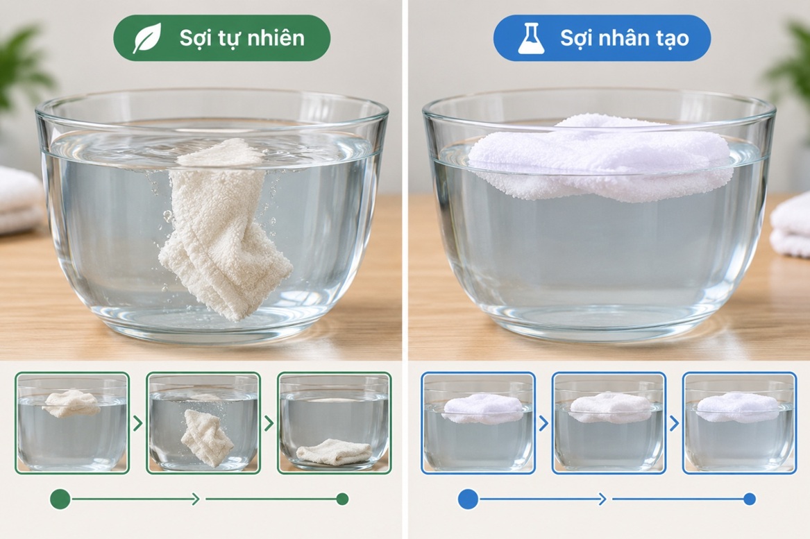 Thử nghiệm ngâm chìm (Immersion Test) Cách thực hiện: Cắt một góc vải nhỏ (khoảng 5x5 cm) hoặc thả một chiếc khăn khô vào chậu nước nguội ở trạng thái thả lỏng. Khăn sợi tự nhiên: Do trọng lượng phân tử và mạng lưới mao dẫn rỗng hút đầy nước tức thì, khăn sẽ từ từ chìm xuống đáy chậu trong vài giây ngắn ngủi. Khăn pha sợi nhân tạo: Khăn sẽ nổi bồng bềnh trên mặt nước rất lâu do cấu trúc sợi nhựa nhẹ hơn và từ chối hấp thu phân tử nước vào cấu trúc lõi.
