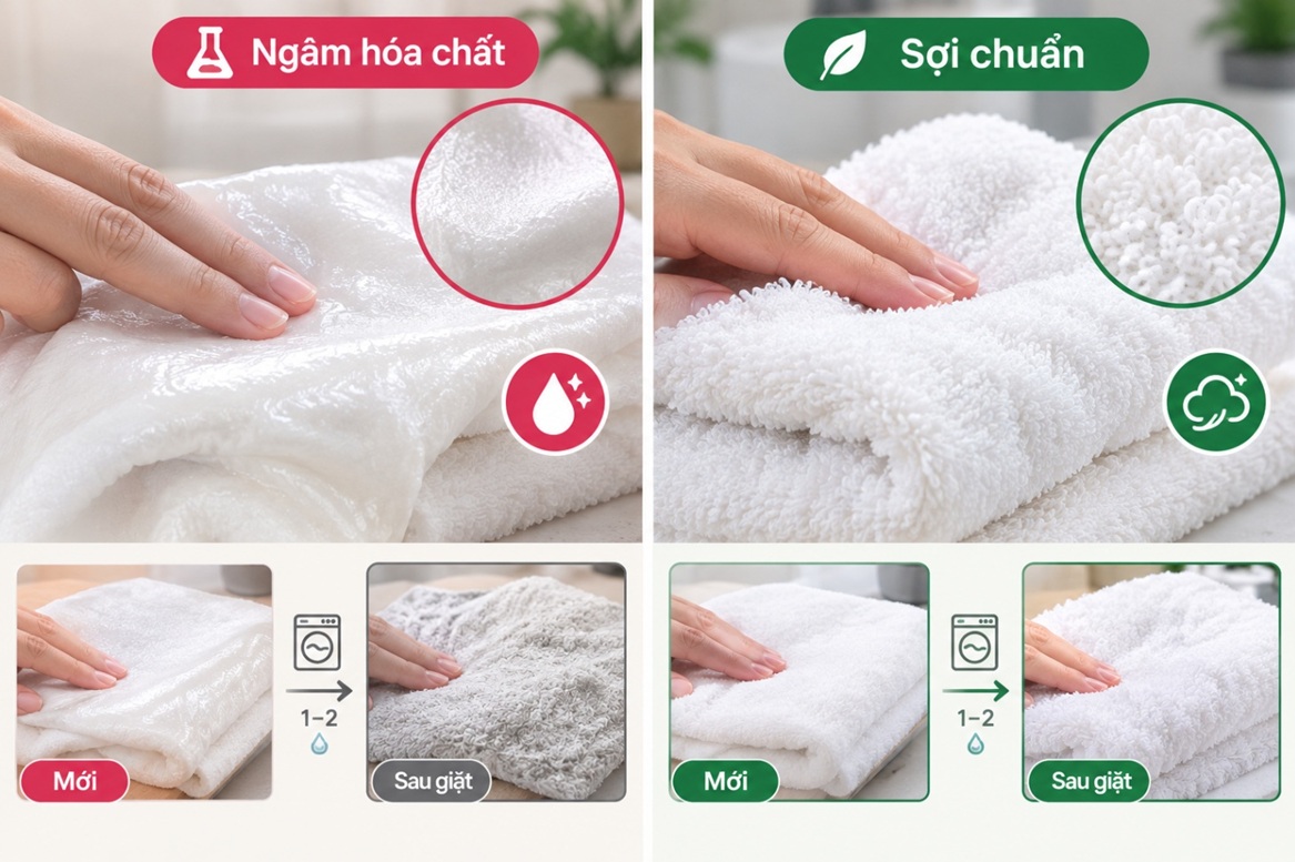 Nhận diện "độ mềm giả tạo" từ hóa chất Silicone Rất nhiều xưởng gia công chui sử dụng sợi thô rẻ tiền, sau đó ngâm tráng qua dung dịch làm mềm vải gốc dầu khoáng (silicone/softener) nhằm đánh lừa cảm giác xúc giác của người mua lúc mới xuất xưởng:  Khăn ngâm hóa chất: Cảm giác trơn láng bóng mượt như lụa, khi miết hai ngón tay thấy trơn tuột mất ma sát. Tuy nhiên, chỉ sau 1–2 lần giặt đầu, lớp màng silicon trôi đi, khăn sẽ lập tức trở nên trơ cứng, xơ ráp và mất hẳn tính năng hút ẩm. Khăn dệt sợi chuẩn: Khi sờ có cảm giác bông xốp, êm ái, bồng bềnh tự nhiên và có độ bám dính nhẹ nhàng trên da đặc trưng của sợi thực vật nguyên bản.