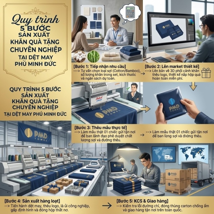 Ảnh quy trình 5 bước Sản Xuất Khăn Quà Tặng Chuyên Nghiệp