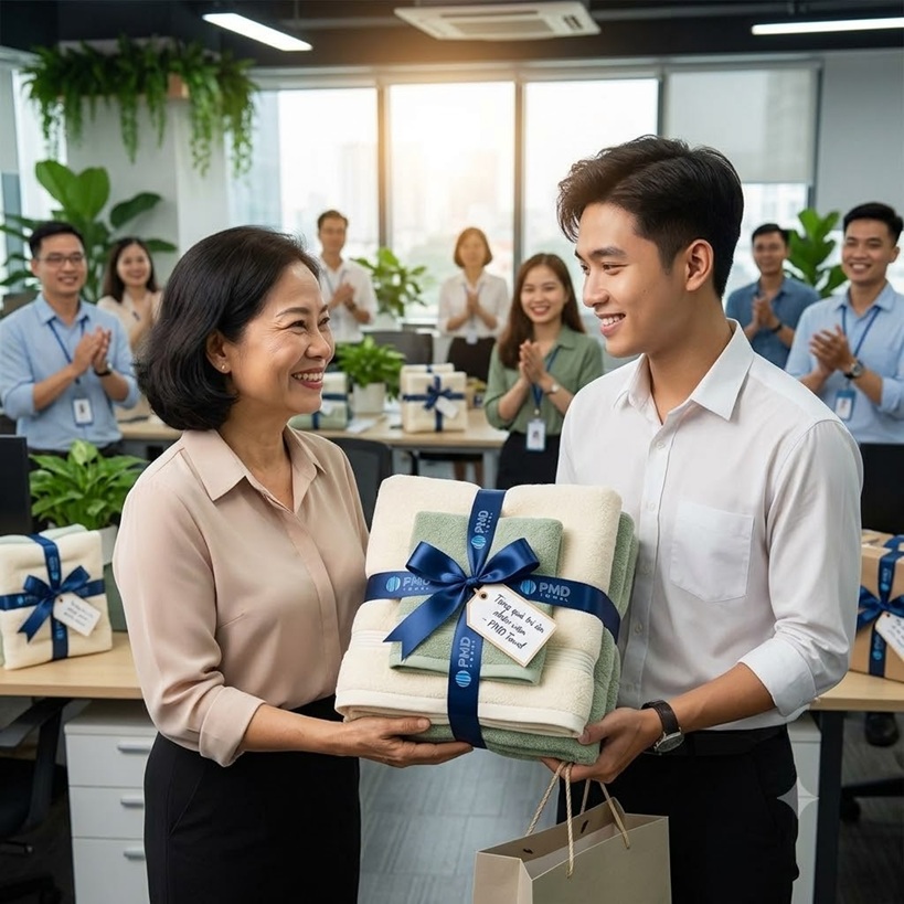 Hình ảnh tặng khăn cho nhân viên
