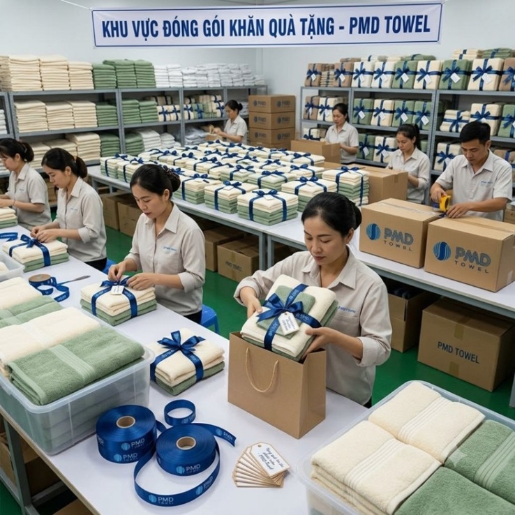 Nhân viên đóng gói khăn tặng
